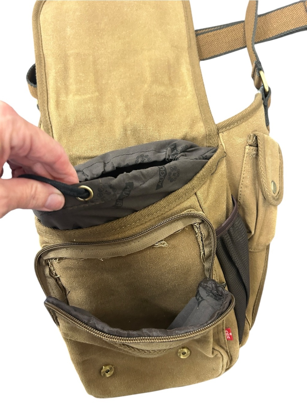 Augur Canvas Utility Crossbody Bag Tan Brown Multi Pocket Adjustable Strap - Picture 5 of 8